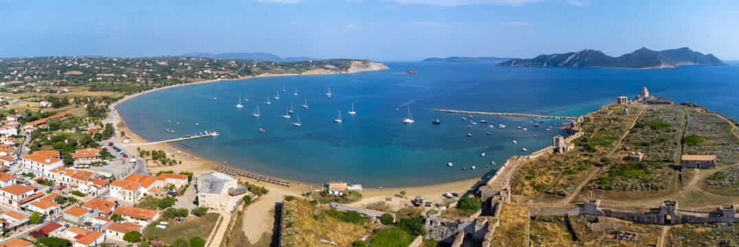 Aerial drone view of Methoni village in Messenia, Peloponnese, Greece. 
