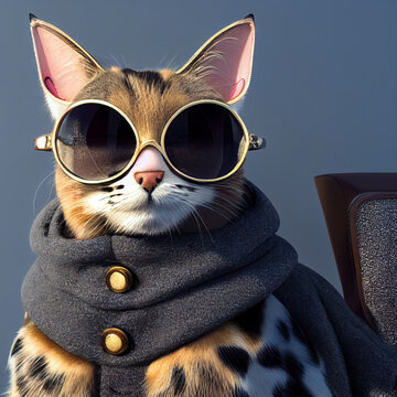 chic cat charisma wearing coat, wearing sunglasses, funny, fashion, pic as wallpaper, poster, t shirt and others