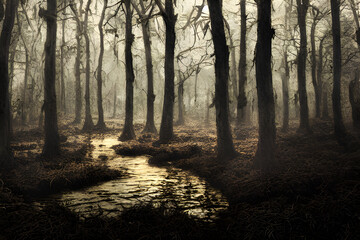 Fototapeta premium A foggy swamp. Dark and mysterious. 