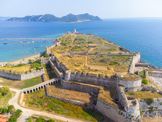 Aerial view of Methoni venetian castle and the Bourtzi tower in Peloponnese, Greece
