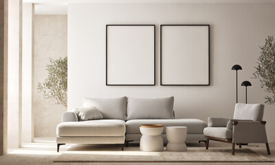 Naklejka na ściany i meble mock up poster frame in modern interior background, living room, Scandinavian style, 3D render, 3D illustration
