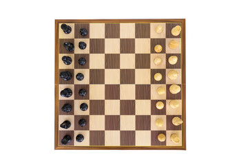 Chessboard and all wooden chess figures on white background