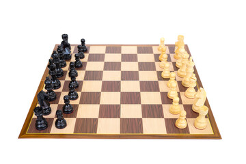 Chessboard and wooden chess figures on white background