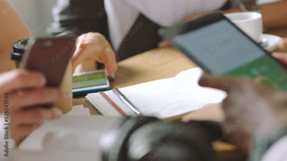 Poster smartphone, mobile app and creative people in business meeting planning strategy, review ux design a