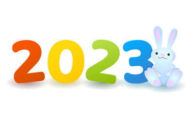 Vector new year 2023 illustration with a rabbit and number. Typography for greeting cards, posters, icon and logo.
