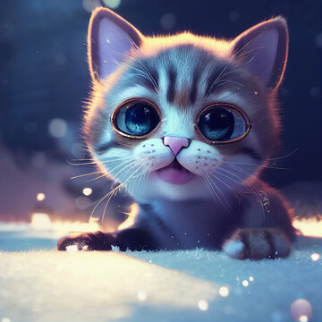 Art drawing of cute baby cat in snow, pic as wallpaper. poster, t shirt and others, winter