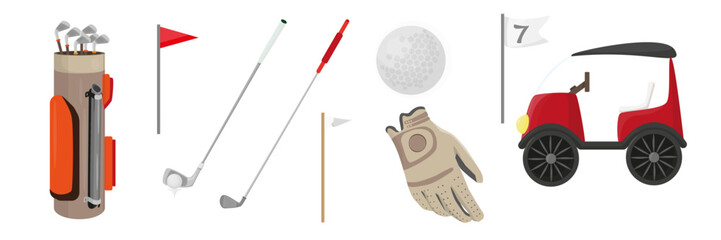 Set of appliances golf in cartoon style. Vector illustration of backpack for clubs, pockets, ball, stick, golf cart, mitt on white background.