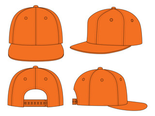 Blank Orange Hip Hop Cap With Adjustable Snap Back Strap Closure Template On White Background, Vector File