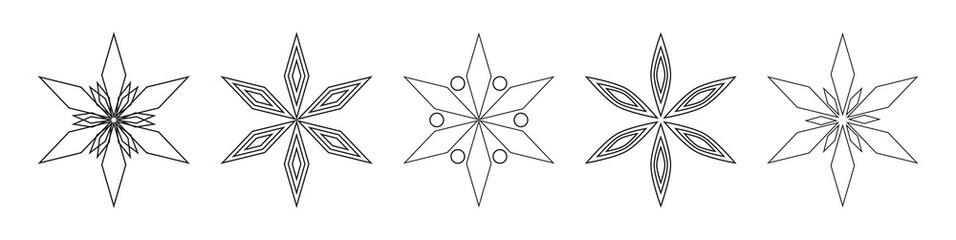 Christmas snowflakes stars line icons.