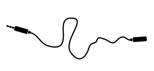 Cartoon audio jack plug, 35 mm. Stereo audio cable, jack connector. Vector music sound note. Audio element or tools. Plug wire logo or symbol. Wave line pattern.