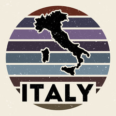 Italy logo. Sign with the map of country and colored stripes, vector illustration. Can be used as insignia, logotype, label, sticker or badge of the Italy.