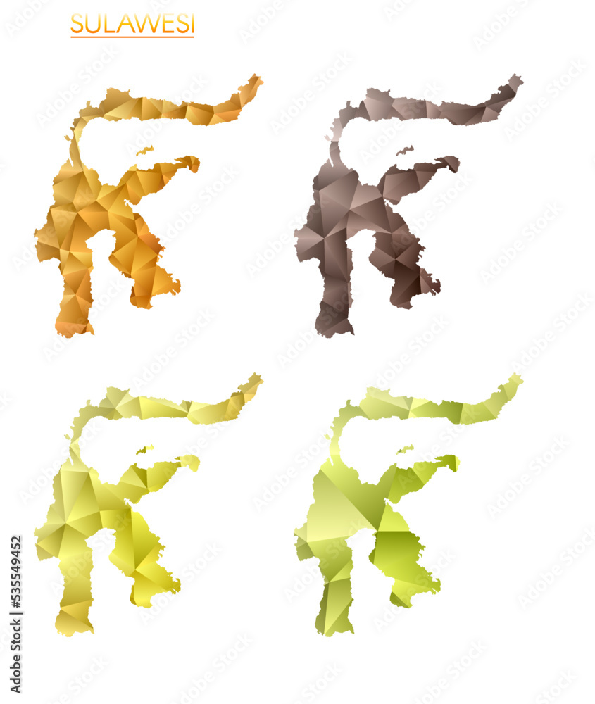 Poster set of vector polygonal maps of sulawesi. bright gradient map of the island in a low poly style. mul