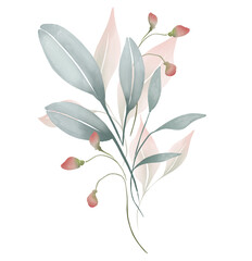 Watercolor botanical illustration of bouquet with blue and pink leaves