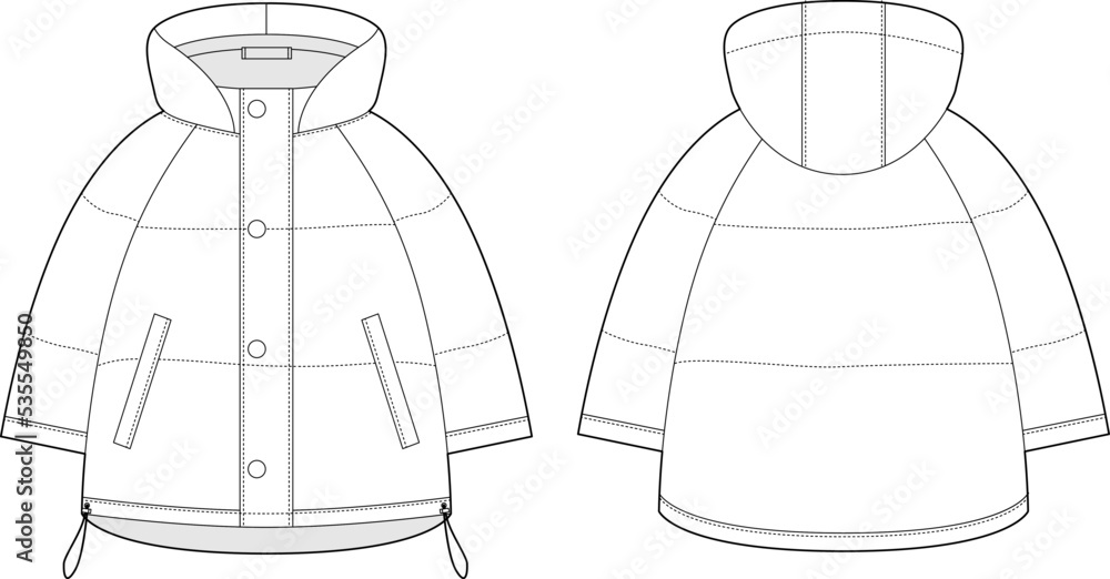 Wall mural Oversized raglan puffer winter down coat technical sketch. Women's quilting jacket design template. Children's outerwear mock up.