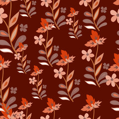 Abstract cute leaves and flower seamless pattern. Beautiful floral wallpaper. Cute plants endless backdrop.