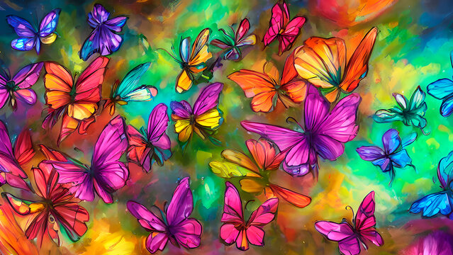 Children's story of butterflies. banner with multi-colored butterflies. Fantastic hand painted illustration of colored butterflies. Illustration of a colored tale. image of butterflies