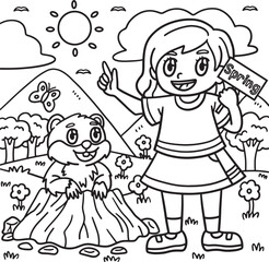 Girl and Groundhog Coloring Page for Kids