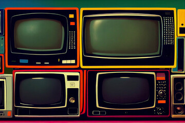 Retro-style illustration of many discarded old TVs and electronics.Lots of analog CRT TVs. Junk...