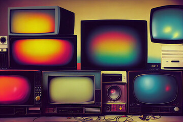 Retro-style illustration of many discarded old TVs and electronics.Lots of analog CRT TVs. Junk electrical appliances.