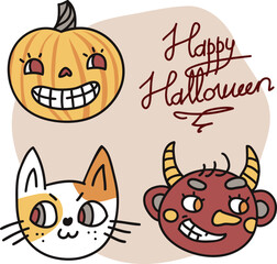 set of funny faces happy halloween card