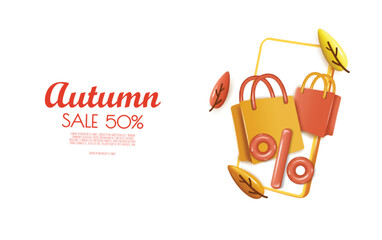 Autumn sale background with percent symbol, orange leaves, shopping bag, copy space text. 3D vector illustration