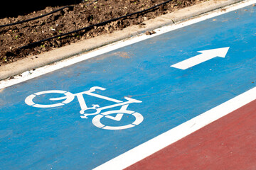 Cycling path. Blue painted bike path in the park area