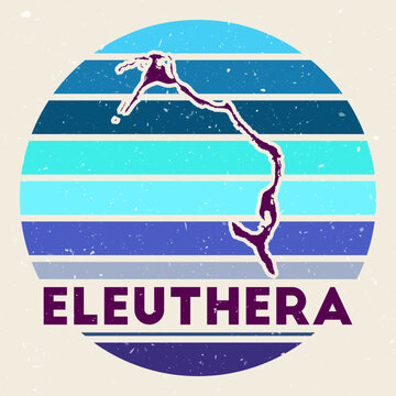 Eleuthera logo. Sign with the map of island and colored stripes, vector illustration. Can be used as insignia, logotype, label, sticker or badge of the Eleuthera.