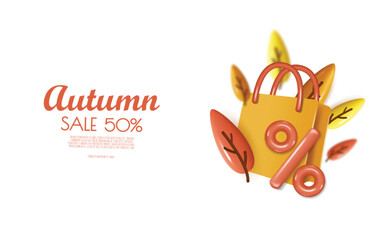Autumn sale background with percent symbol, orange leaves, shopping bag, copy space text. 3D vector illustration