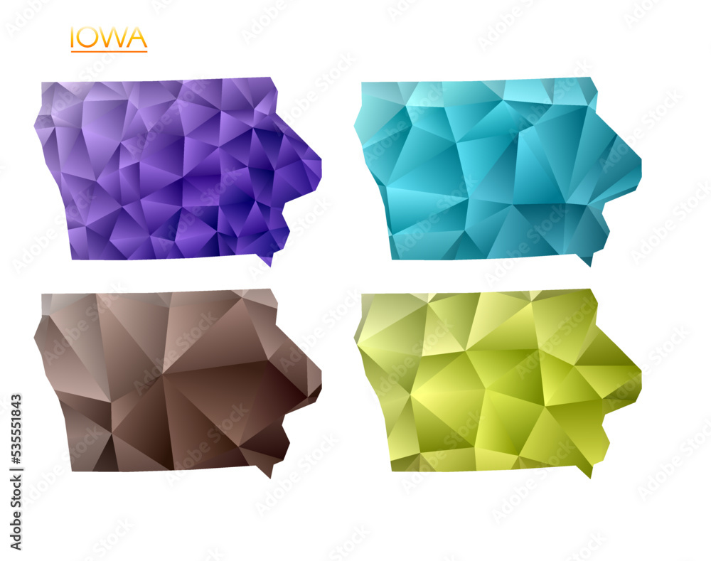 Poster set of vector polygonal maps of iowa. bright gradient map of us state in low poly style. multicolore