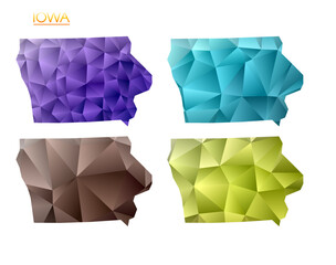 Set of vector polygonal maps of Iowa. Bright gradient map of us state in low poly style. Multicolored Iowa map in geometric style for your infographics. Elegant vector illustration.