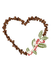 Heart frame shaped coffee beans and leaves