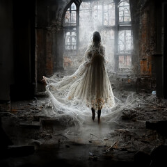 Fototapeta na wymiar ghost of a woman in white dress in abandoned building horror Halloween