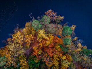 Fototapeta na wymiar Aerial Drone view of colorful forest trees and lake in autumn. Ukraine