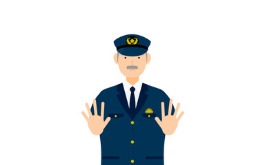 シニア男性警官のポーズ、両手を前に出して制止する