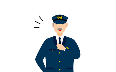 シニア男性警官のポーズ、胸を叩く