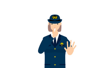 若い女性警官のポーズ、笛を吹いて制止する