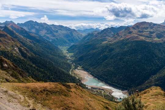 The Ossau valley and the partly dry Lac de Fabrège, from the Pic de la Sagette in the western French Pyrenees