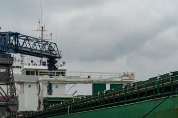 Fototapeta na wymiar Bridge of a cargo ship docked at the British port of Southampton, in Southampton, Hampshire, United Kingdom