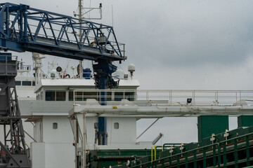 Bridge of a cargo ship docked at the British port of Southampton, in Southampton, Hampshire, United Kingdom