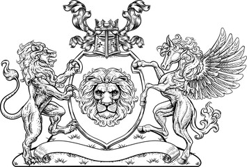 Coat of Arms Pegasus Lion Crest Shield Family Seal