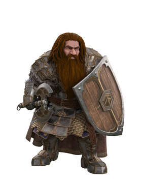 Fantasy Dwarf character with long hair and beard dressed in battle armour holding an axe and shield. 3D rendering isolated.
