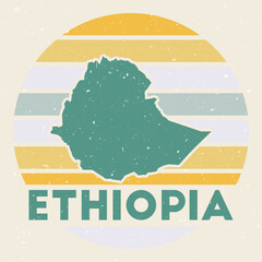 Ethiopia logo. Sign with the map of country and colored stripes, vector illustration. Can be used as insignia, logotype, label, sticker or badge of the Ethiopia. - obrazy, fototapety, plakaty