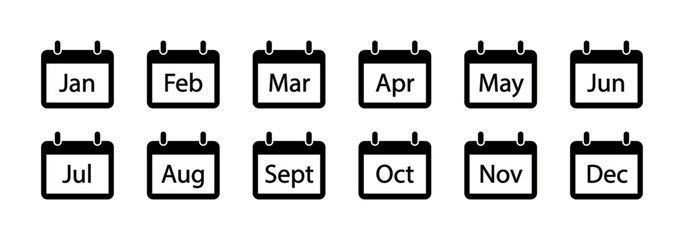 Month calendar icon vector set. Week calendar schedule.  January, February, March, April, May, June, July, August, September, October, November and December schedule. 