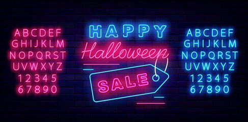 Happy Halloween sale neon label on brick wall. Shiny blue and pink alphabet. Vector stock illustration