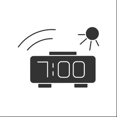 Alarm clock glyph icon. Morning waking up. 7 am. Sleeping concept. Filled flat sign. Isolated silhouette vector illustration