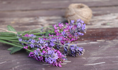 Obraz na płótnie Canvas Composition of Betonica officinalis, common names betony, purple betony, isolated on wooden background. Top view, creative flat layout. The concept of summer, spring, mother's day.Medicinal plants.
