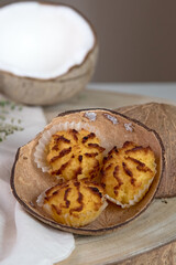 Coconut cookies, made from coconut flakes, copra, as a main ingredient.