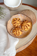 Coconut cookies, made from coconut flakes, copra, as a main ingredient.