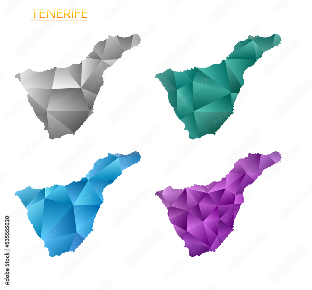Poster set of vector polygonal maps of tenerife. bright gradient map of island in low poly style. multicolo