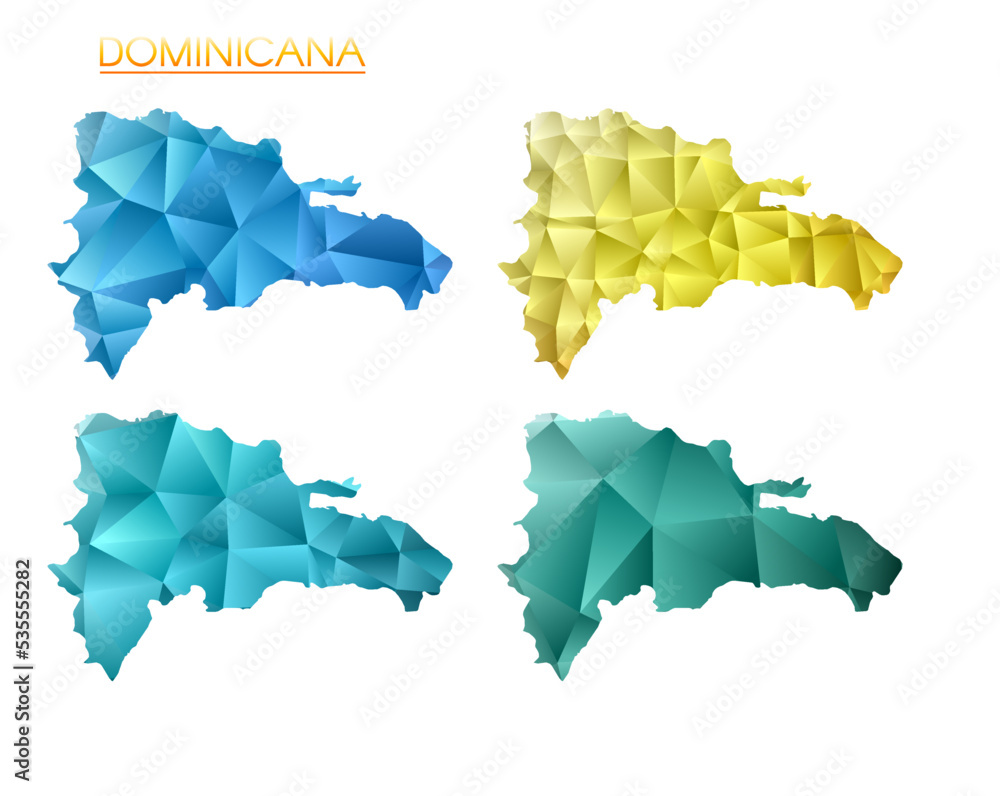 Poster set of vector polygonal maps of dominicana. bright gradient map of country in low poly style. multic